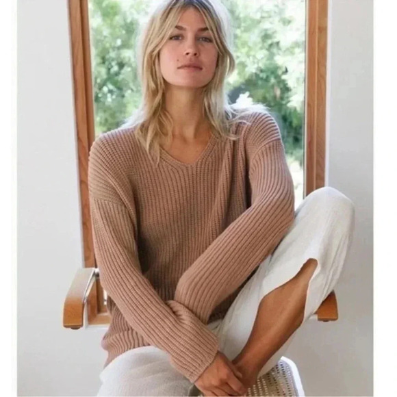 Jenni Kayne Cotton Cabin Sweater Oatmeal V Neck Oversized Knit Pullover Brown - Picture 1 of 13
